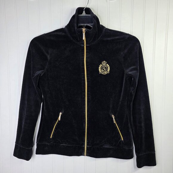 Lauren Ralph Lauren Jackets & Blazers - Ralph Lauren Sweater Jacket Womens Small Black Velour Full Zip Crest Logo Preppy